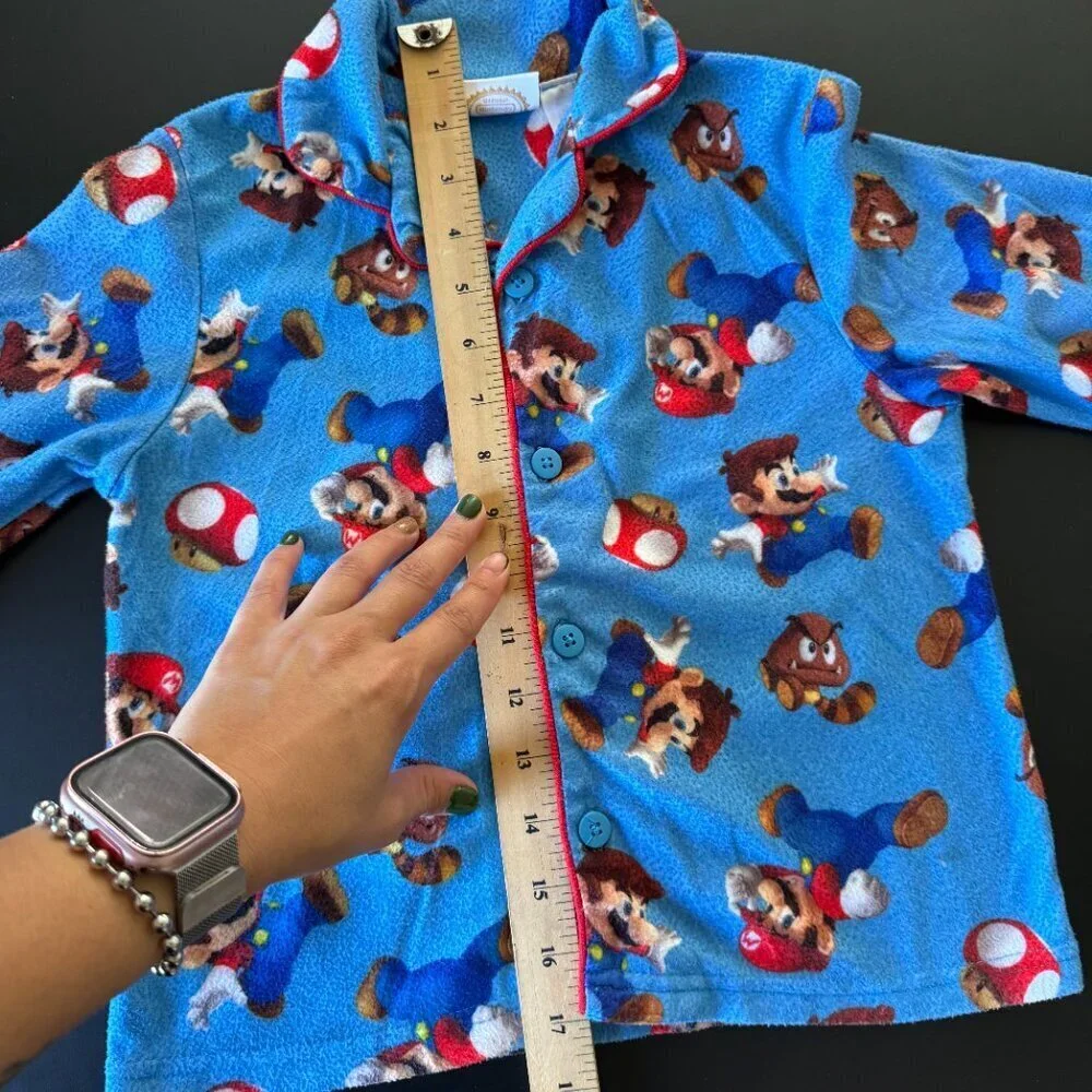 Super Mario Land Blue Fleece Pajama Top Kids Button Front Long Sleeve